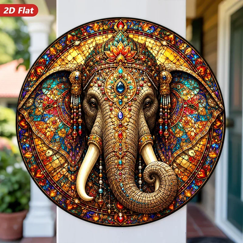 CIFBUY Bohemian Elephant Head Aluminum Wall Art Waterproof Wear Resistant Round for Living Room Bedroom Study Entryway Home Deco
