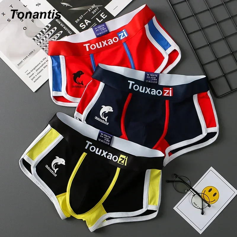 3Pcs/Set Men Boxer Shorts Youth Breathable Cotton Men\'s Underwear Fashion Dolphin Printing Male Underpants Korean Boy Panties