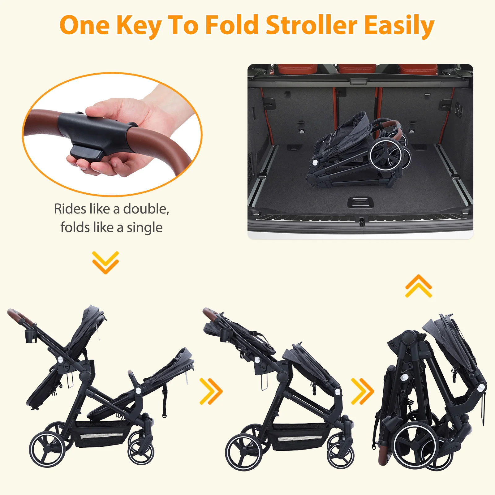 Double Track Tandem Stroller, Foldable Bassinet Pram for Infant and Toddler, Reversible Pushchair, Adjustable Backrest & Canopy