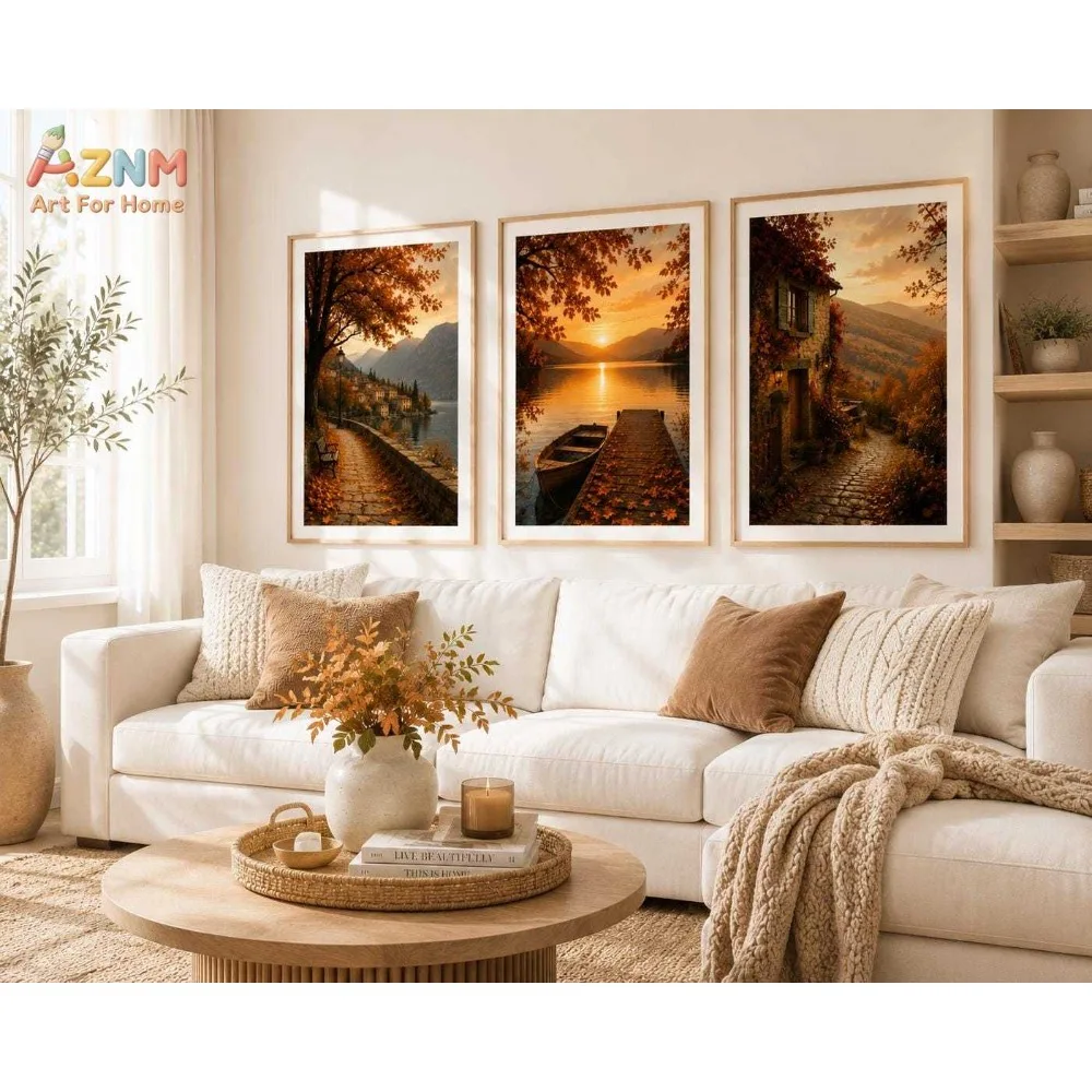 AZNM 3Pcs Autumn Lake Town Canvas Wall Art, Golden Sunset Mountain Boat Scenery Print Frameless Canvas Painting,