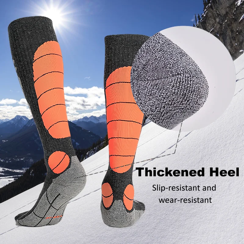 زوج واحد من جوارب التزلج الصوفية ميرينو للرجال دافئة عالية المرونة للرياضات الشتوية على الجليد لركوب الدراجات جوارب تزلج طويلة حرارية سميكة