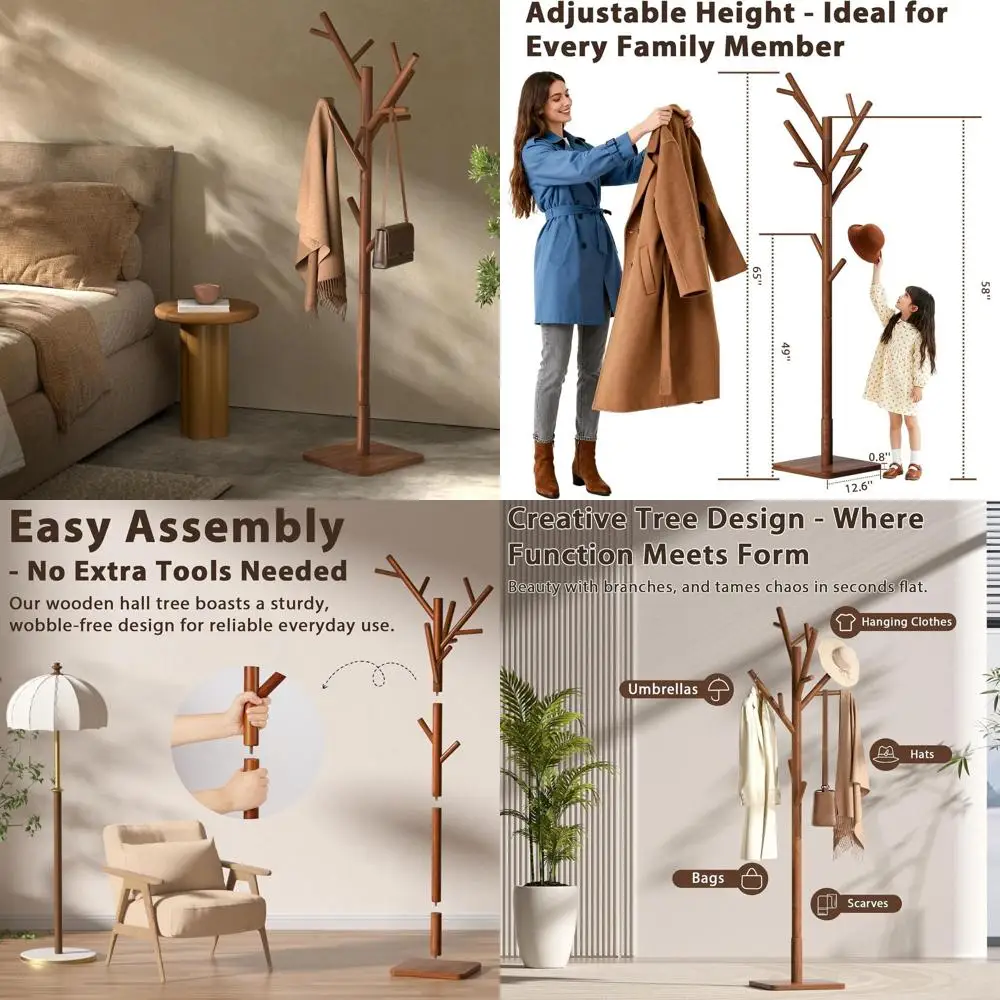 

Sturdy Wooden Coat Rack with 14 Hooks, Adjustable Height, Space-Saving Entryway Stand for Hats, Coats, and Bags