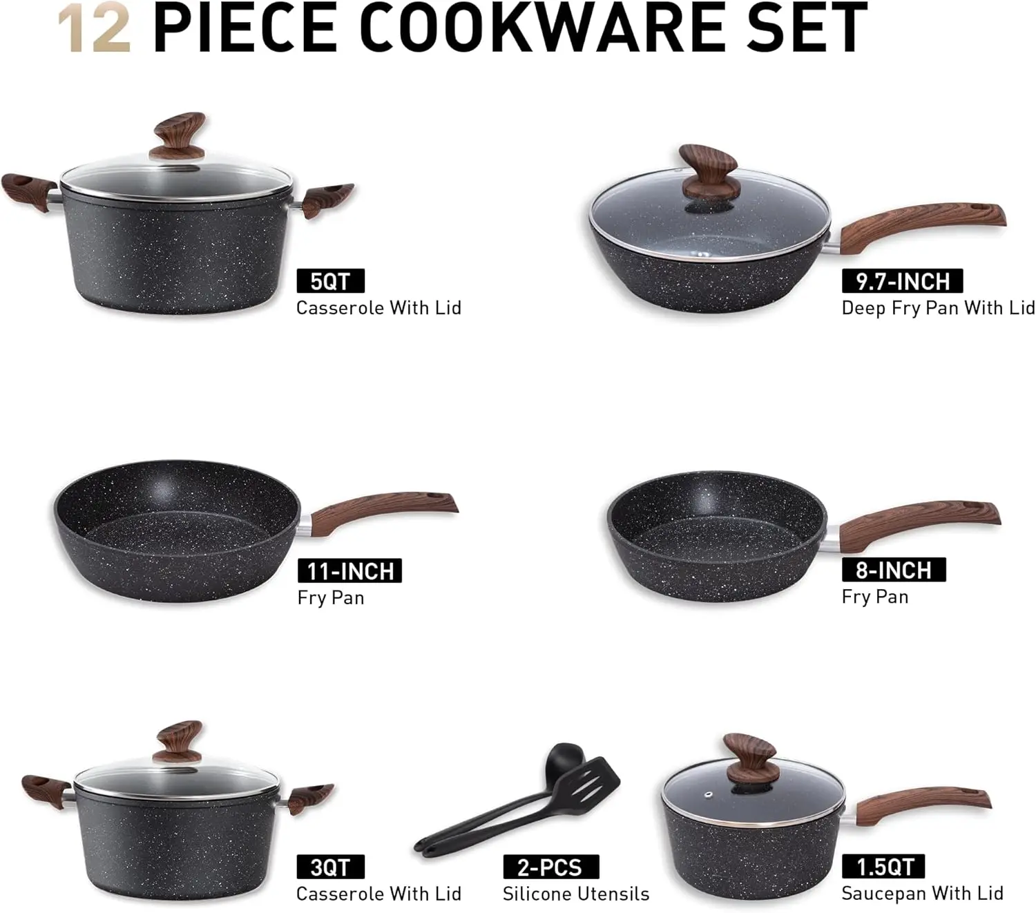 

ots and Pans Set Non Stick, 12 Piece Black Granite Kitchen Cookware Induction Compatible, Pot and Pan Sets·Factory Direct Sales
