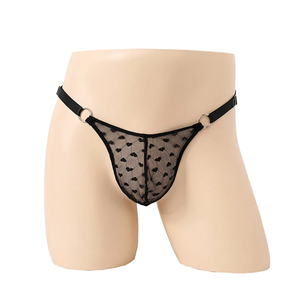 Mens Leopard Printed Thong Briefs Sexy Big Scrotum Pouch T-back Underpants Sheer Lace See Through G-string Panties Underwear