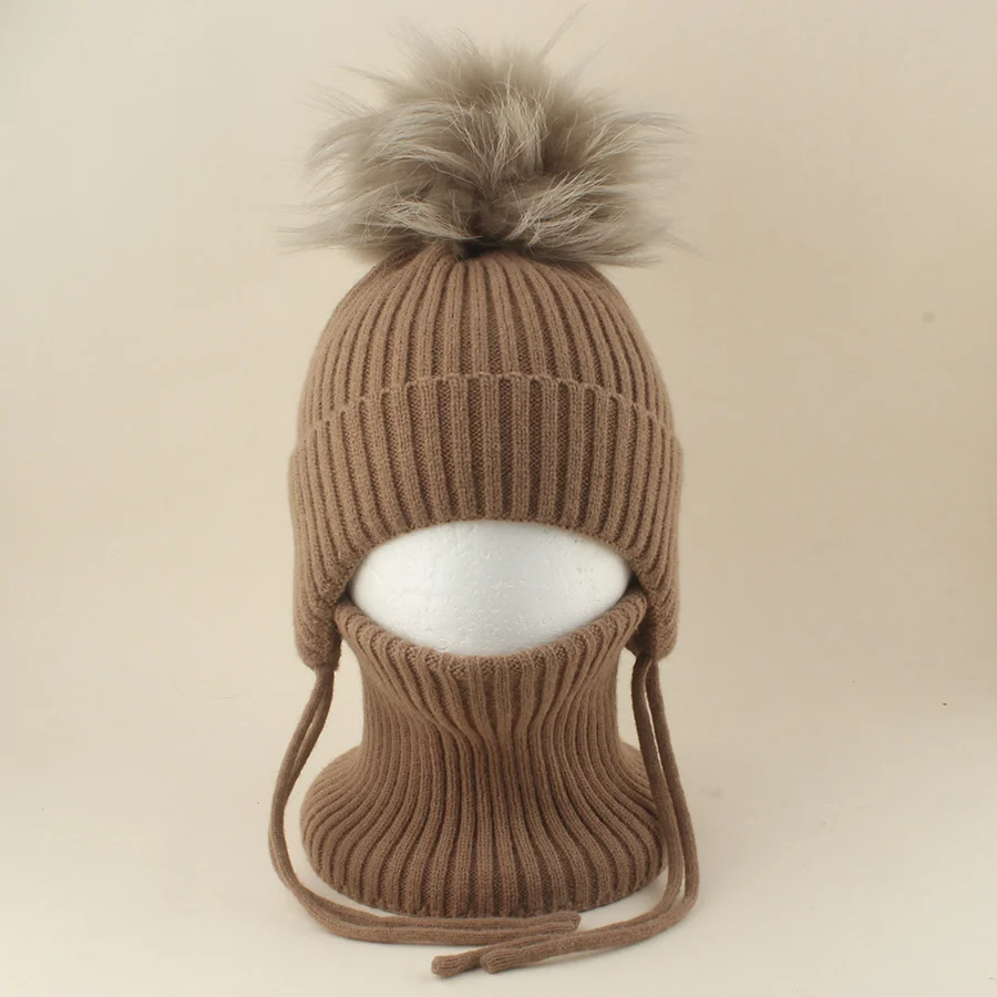 Winter-Wollmütze mit Nackenschutz 2-teiliges Set Echte Fuchsfell-Mütze für Kinder Jungen Mädchen Dicke Fleece Warme Gestrickte Gestreifte Ohrenklappe Baby Skullies Mütze – Detail 11
