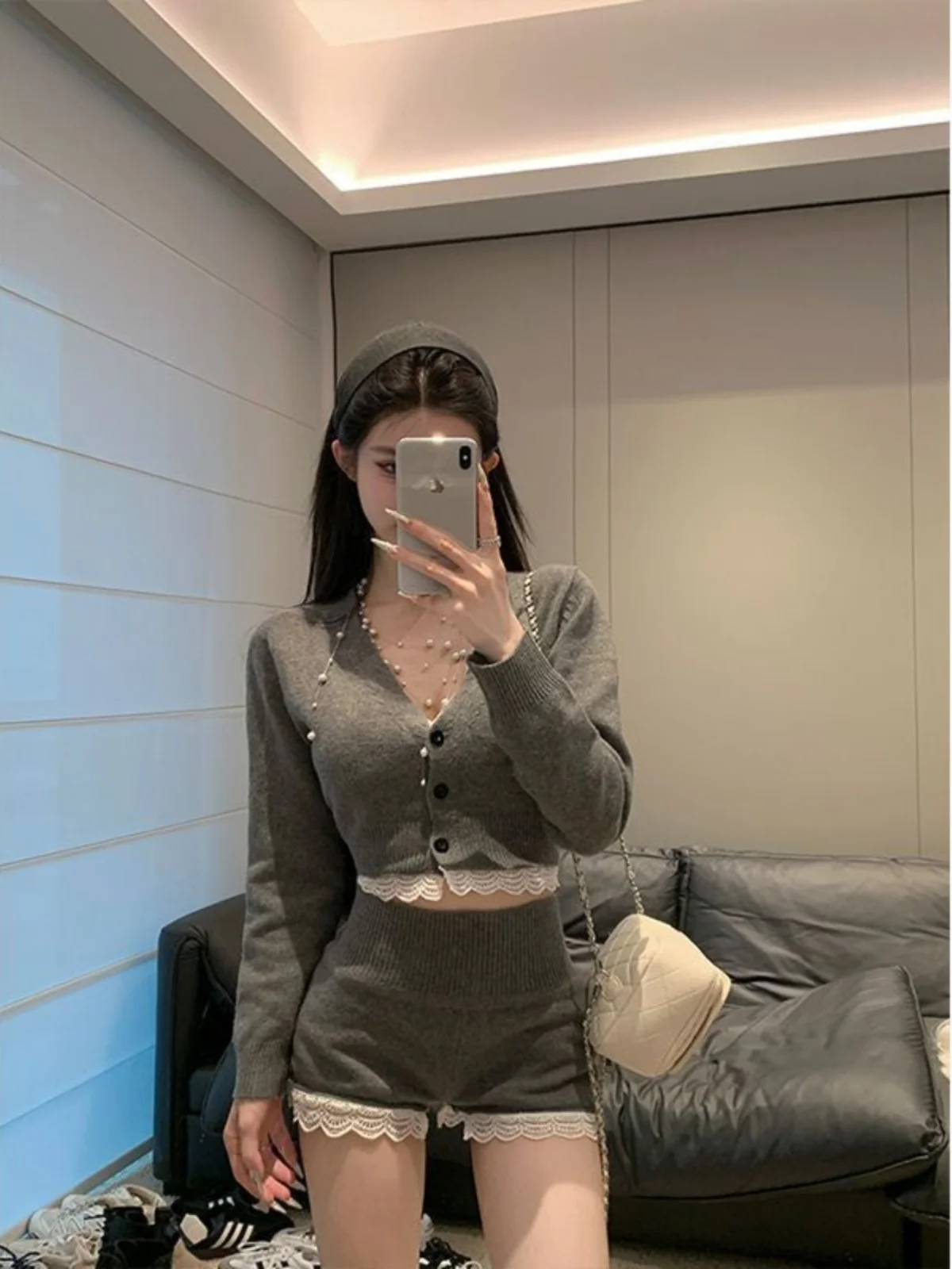 

Retro Lace Trim Splice Knitted High Waist orts Women's Spring XS Heightening Effect Slimming Bot Casual High Waist orts