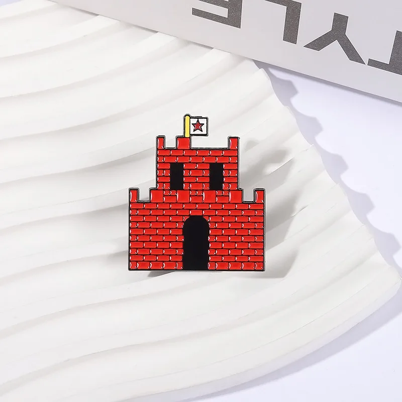 Cartoon Game House Enamel Brooch Lapel Pin Flag Five-Pointed Star Red Castle Pixel House Metal Badge Jewelry Gift For Friend Kid