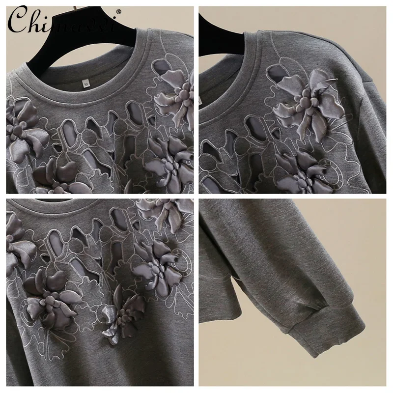Fashion Heavy Three-Dimensional Flower Sweatshirt for Women New Autumn Long Sleeve Loose Elegant Round Neck Pullover Top