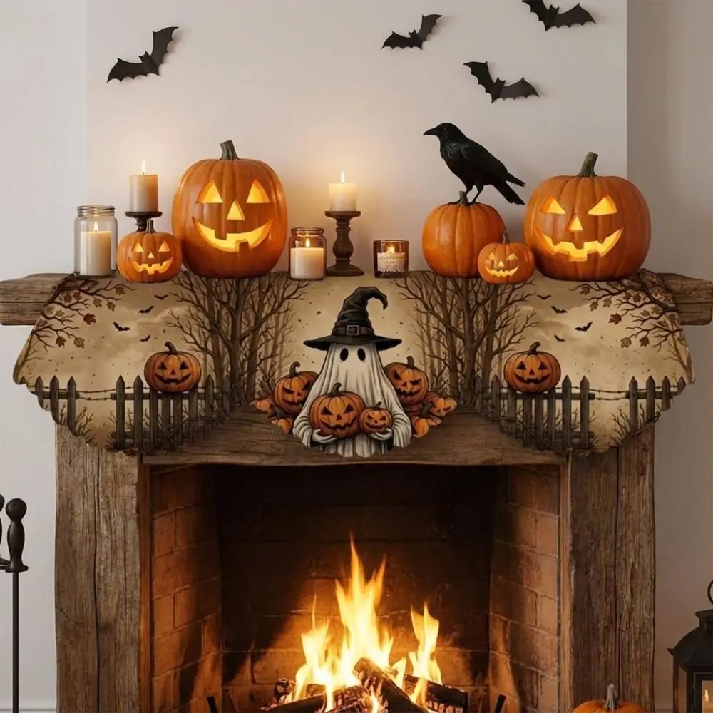 Scalloped Edge Halloween Mantel Scarf Country-Style Autumn Pattern Fireplace Shelf Cover Haunted House Cute Ghost