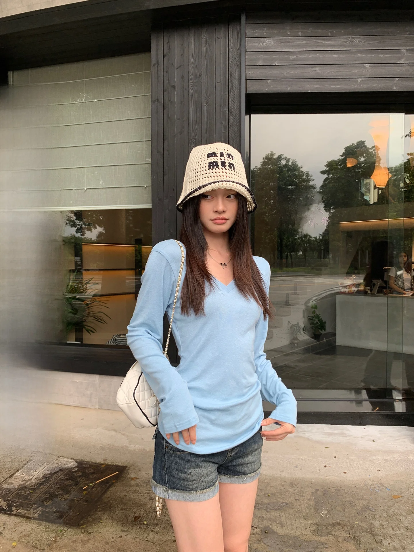 Song Zhengen Ice Blue Lyocell V-neck Women's Base Shirt Long Sleeve T-shirt Korean Style Slim Fit Inner Wear Commute Wind