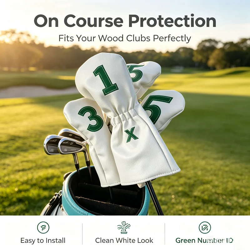 Golf White Cover PU Waterproof Wooden Pole Cover Sizes 1/3/5/X White and Green Set Digital Wooden Pole Head with Built-In Plush