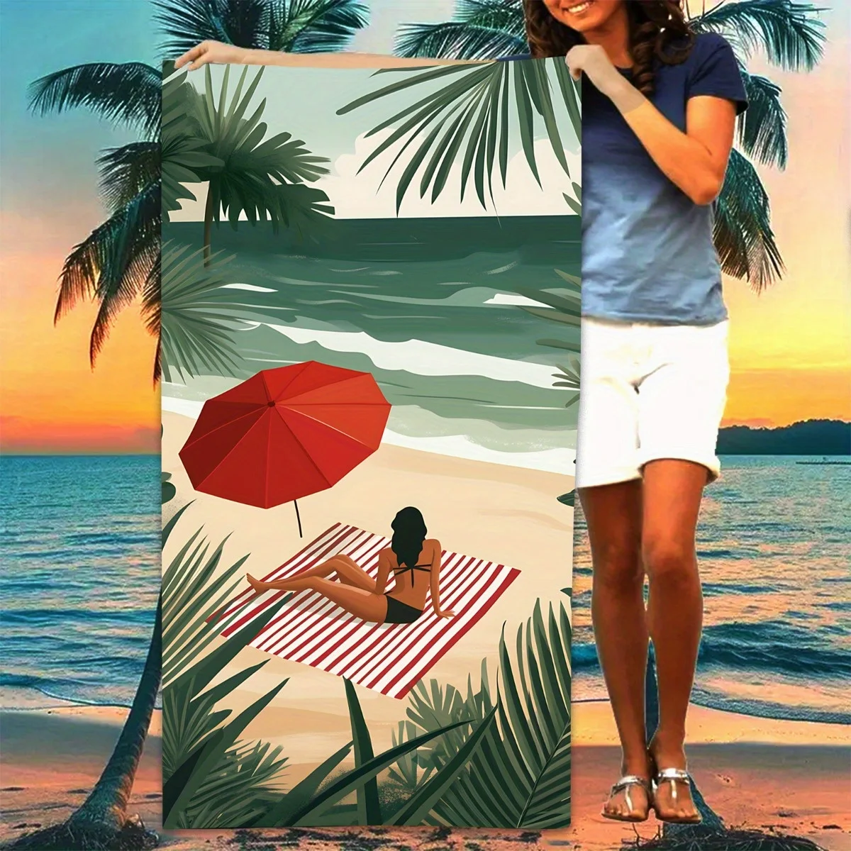 قطعة واحدة من من منشفة الشاطئ المخططة الأنيقة مع مظلة من الشمس - حصيرة بوليستر ناعمة وسريعة الجفاف ومريحة لقضاء عطلة الصيف، مستطيلة حديثة