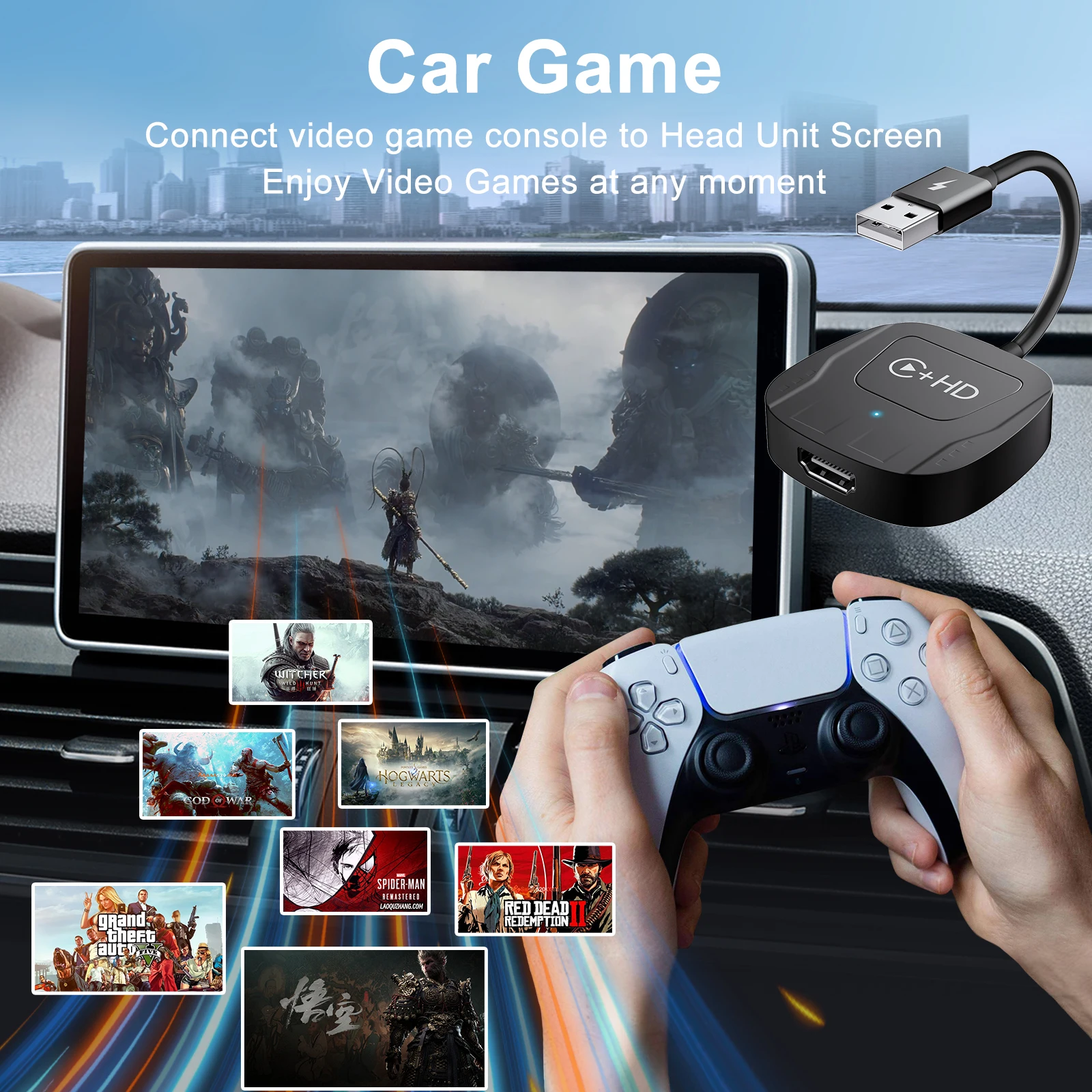 Wireless CarPlay Adapter with HDMI, supports mirroring videos/games from multimedia devices with DP function to car, compatible