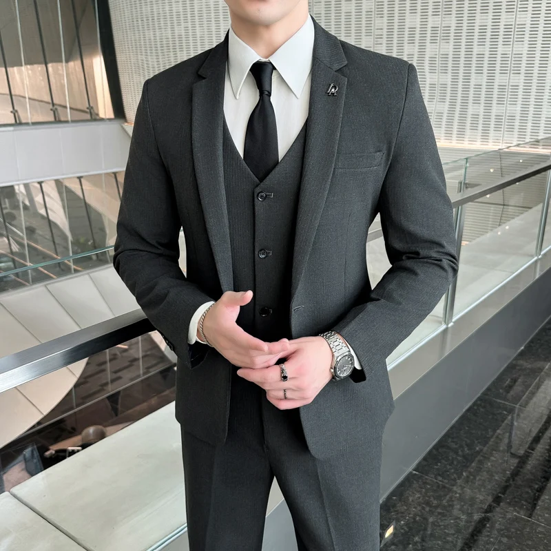 2024 Men\'s Korean Version Slim (suit + Vest + Trousers) Business Casual Fashion Wedding Handsome Suit Set Three Pieces   M-5XL