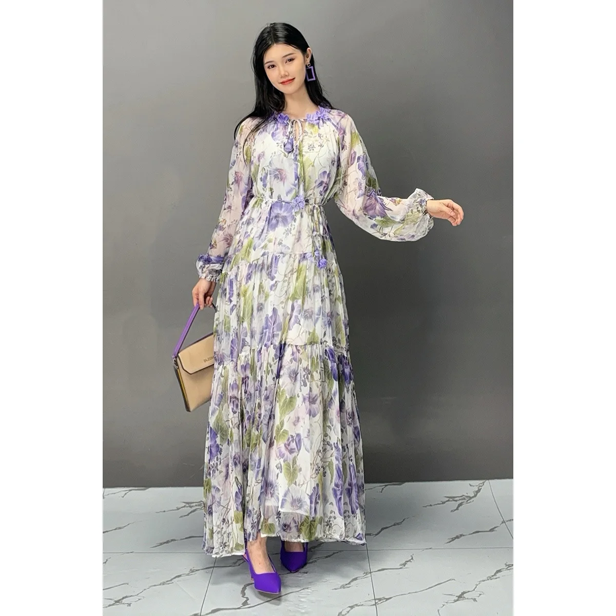 Vefadisa 2024 Autumn New Purple Printed Dress With Long Sleeves Lace-up Decorative For Temperament Elegant Fashion Dress ZXY962A