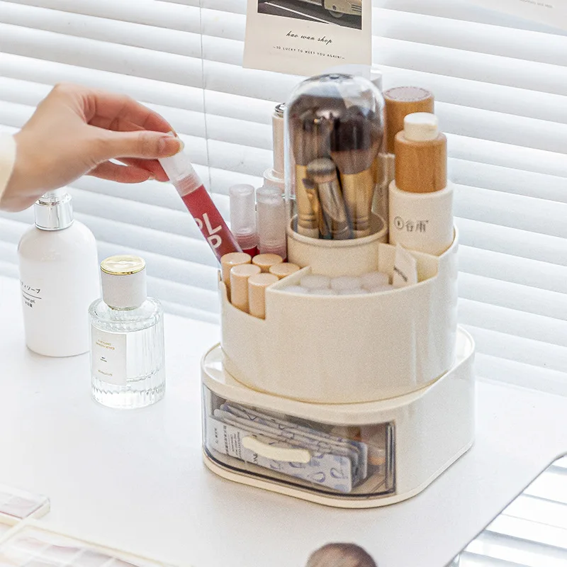 

Вращающийся настольный органайзер для ручек, двухслойный пылезащитный органайзер для кистей для макияжа, подставка для помады и теней для век