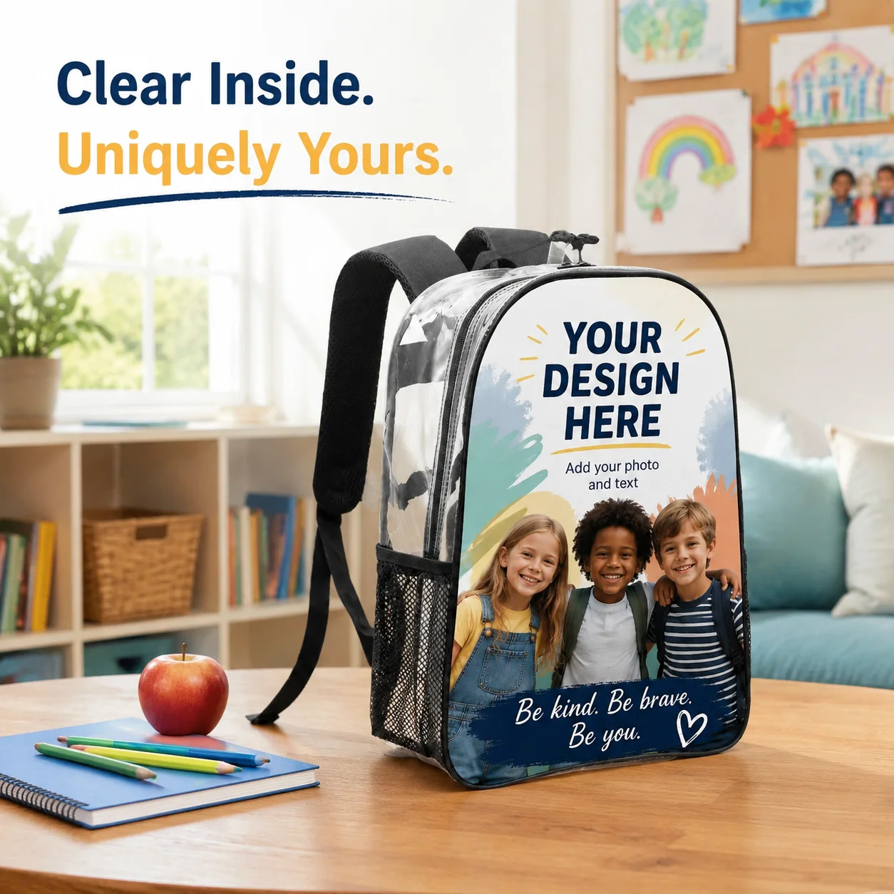 DIY Custom Picture Clear PVC Backpack Waterproof Stadium Bag Breathable Padded Strap Student Bookbag