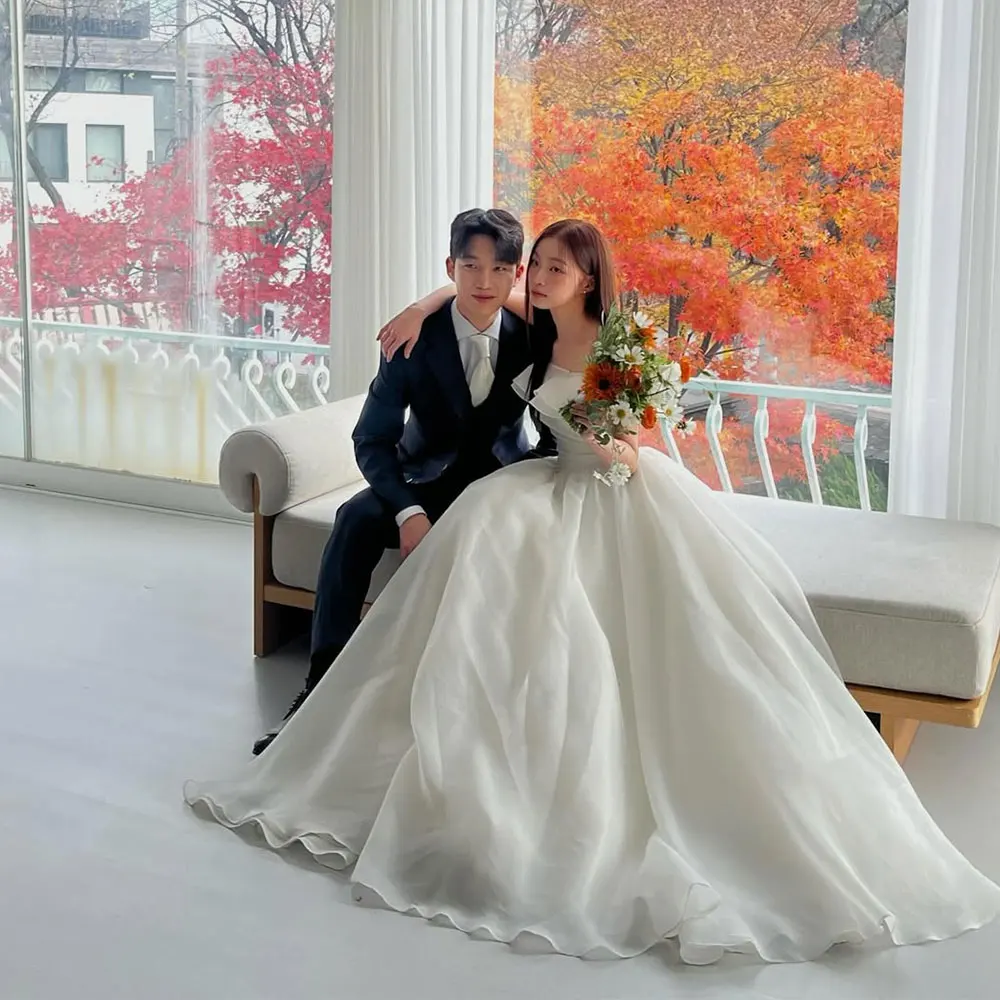 Fancy High Quality Korea Wedding Dress Photoshoot A Line Organza Evening Party Dresses Back Corset Engagement Dress Customized