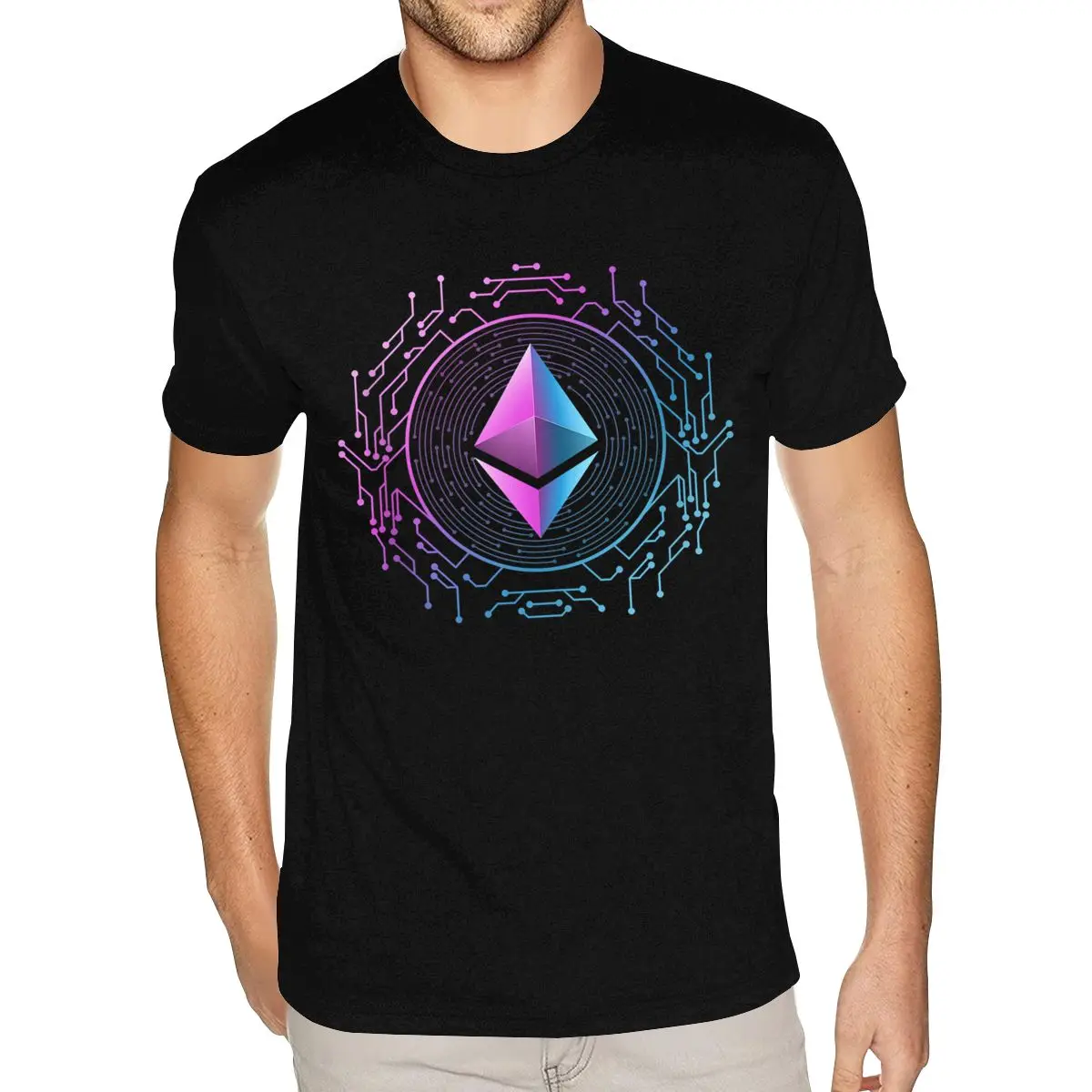 Purple Eth Network Effect Ethereum T-Shirt Men 5XL Short Sleeves Heavy Cotton Black O Neck T-Shirt