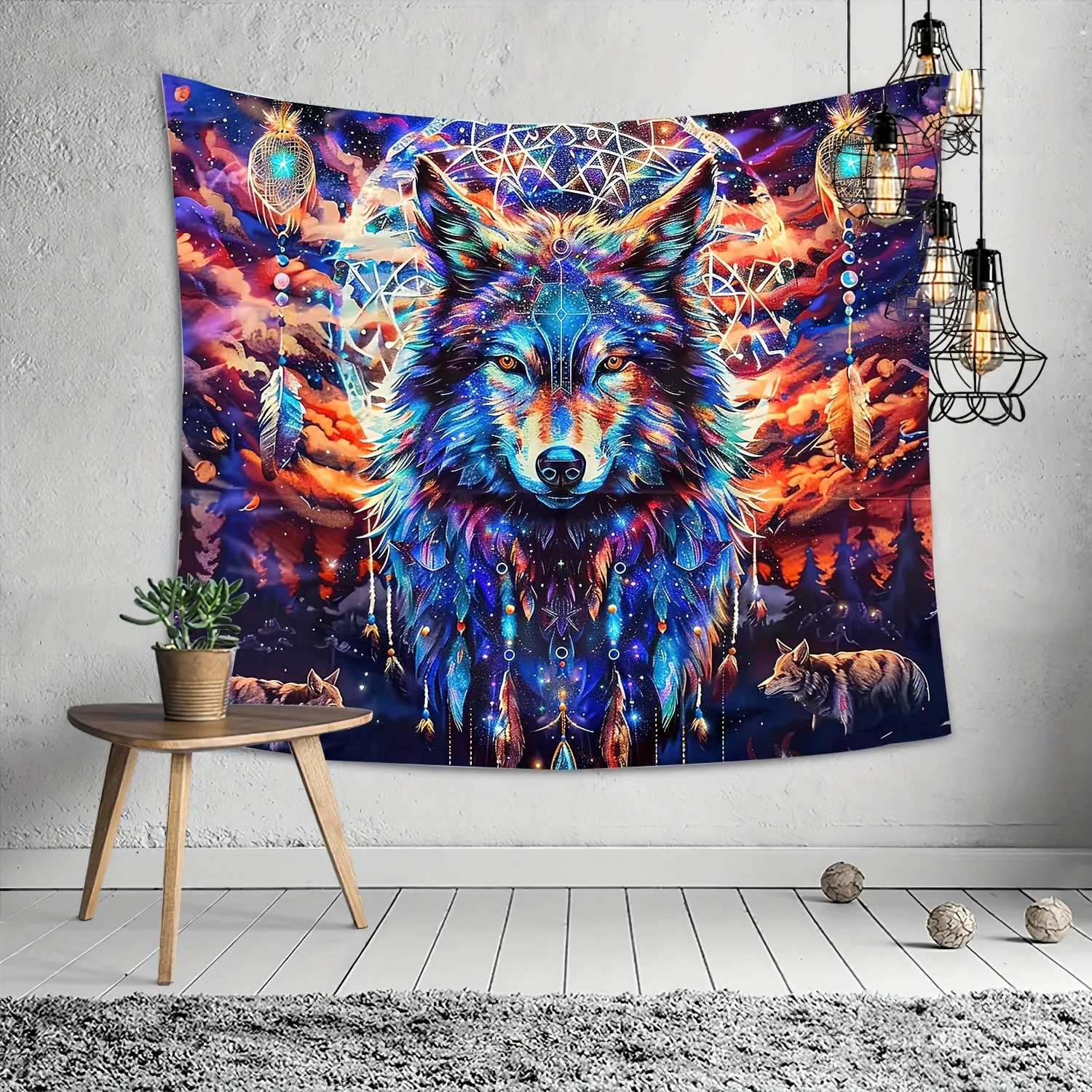 VIKAMA Enchanted Wolf Starry Forest Tapestry Art Living Room Sofa Feature Wall Children's Room Wall Decoration Bedroom Decor