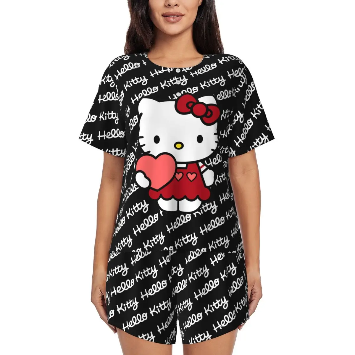 

Женский пижамный комплект Sanrio Hello Kitty с индивидуальным принтом, одежда для сна с короткими рукавами, домашняя одежда, пижамы, комплекты из 2 предметов