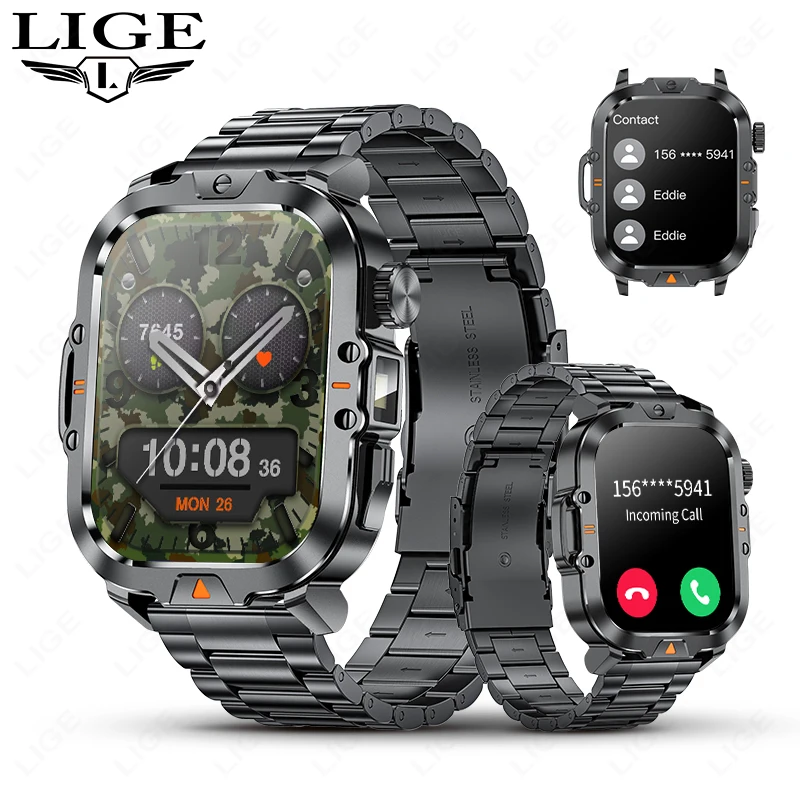 

LIGE LED Light Smart Watch Men Bluetooth Call Outdoor Sport Bracelet IP68 Waterproof CNC AI Voice Smartwatch For Android IOS V17