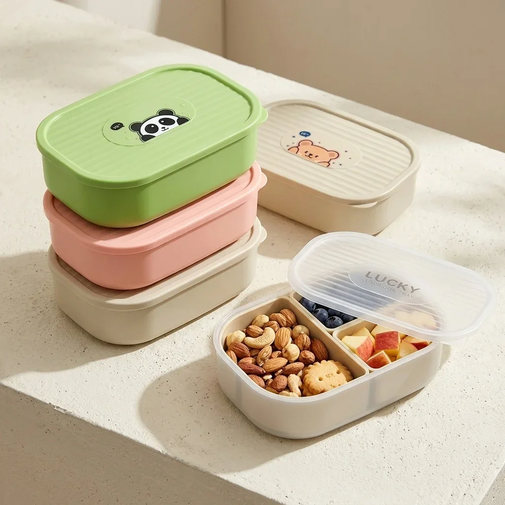 Cute Plastic Divided Lunch Box For Kids Students Portable Sealed Detachable 3 Grids Fruit Salad Food Container Microwave Safe