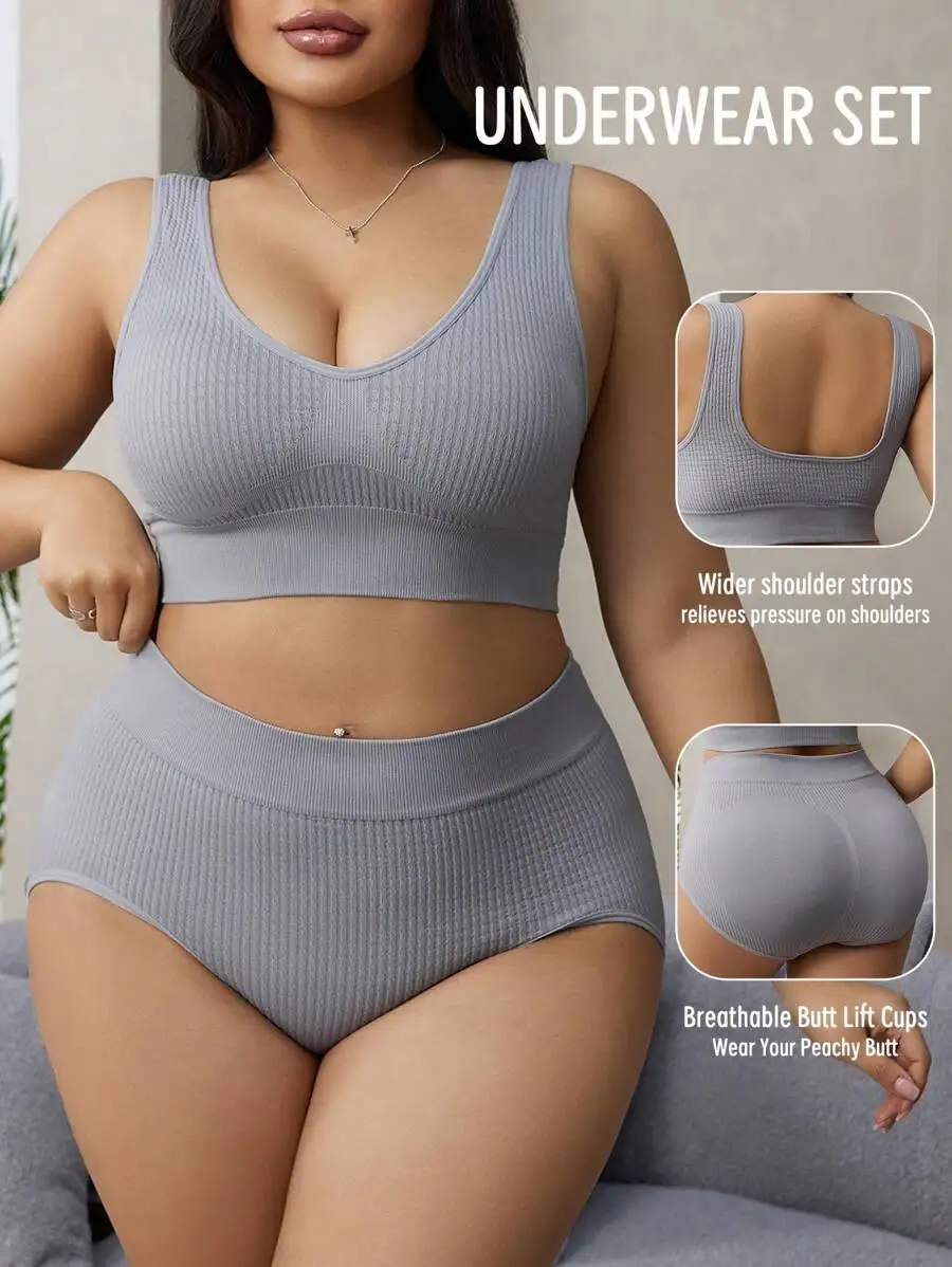 

Gray Seamless Wireless Bra and High-Waist Panty Set for Women