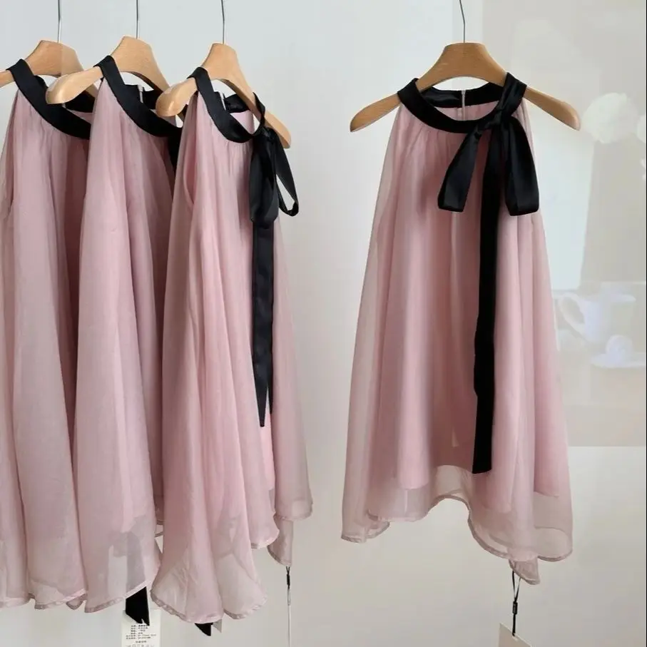Rosa Schwarz Kontrast Spitze Up Neck Kleid Für frauen Frühling Sommer Neue Französisch Stil Bogen Fee Ärmellose Lange Party Dresees
