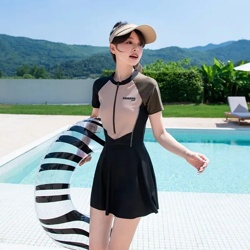 Women sports style dress swimwear, slim fitting one-piece swimsuit for women, comfortable half zipper hot spring swimmimg suit