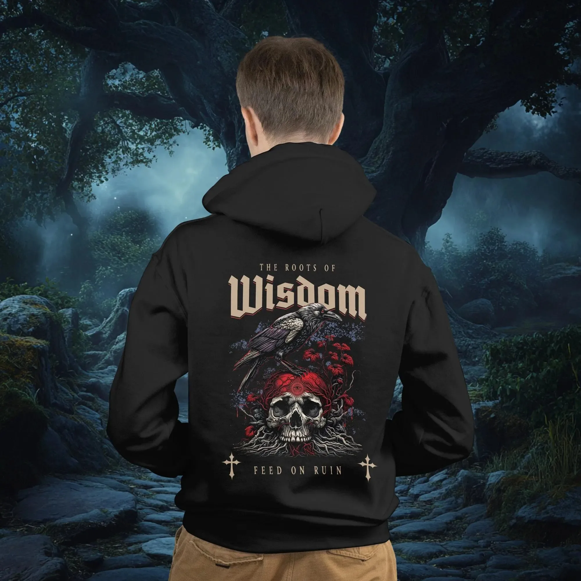 

Autumn and Winter Style "The Roots of Wisdom" Graphic Cotton Hoodie Perfect for Those Who Love Dark - Themed Meaningful Designs