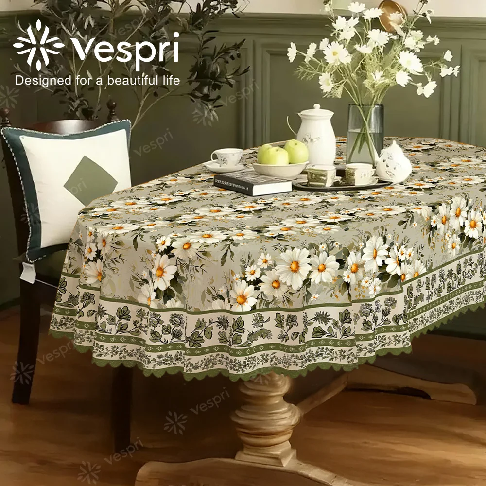Vespri Spring floral tablecloth, green and white design, daisies and checks, European stylezyc