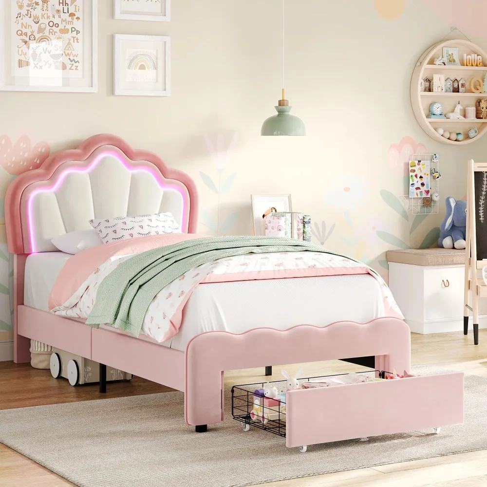 Modern Twin Size LED Bed Frame with Drawer, Velvet Upholstered Platform Bed with Adjustable Petal Headboard for Kid, Pink