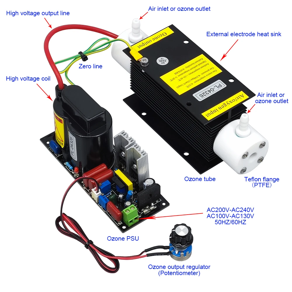 Prodotto brevettato CE FCC ROHS 5 G/H 5 grammi kit generatore di ozono con tubo al quarzo a scarico stretto ad alta concentrazione regolabile