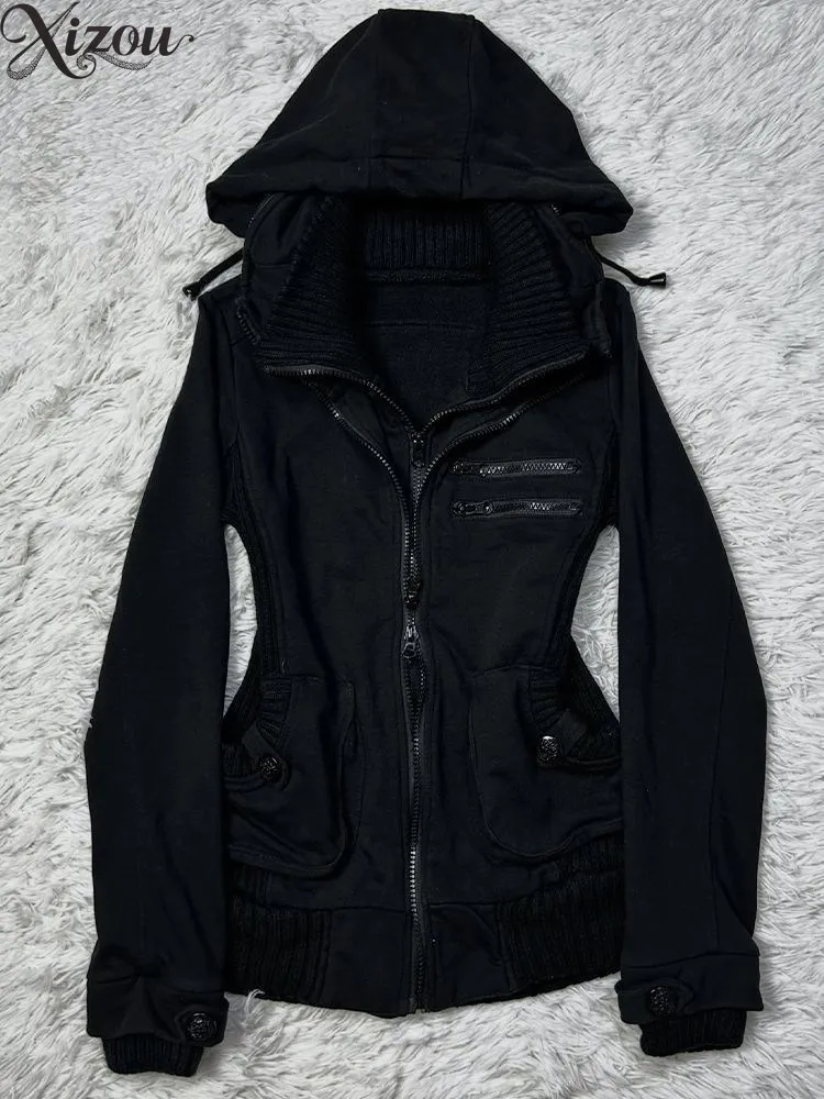 Women Vintage Gothic Black Cinched Waist Hooded Jacket Y2K Double Zipper Ribbed Trim Sweatshirt Cardigan Fall Outerwear Coat