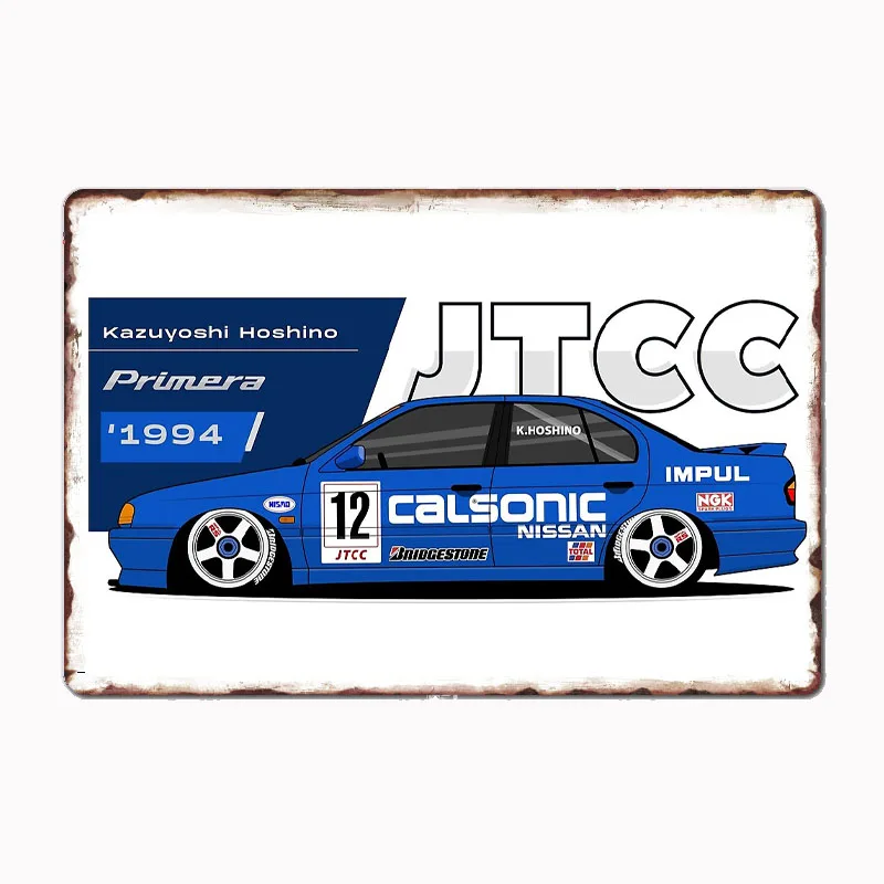 ملصق سيارة معدني من Primera Calsonic JTCC Legend لتزيين غرفة المرآب ونادي السيارات ديكور منزلي عتيق مخصص من القصدير