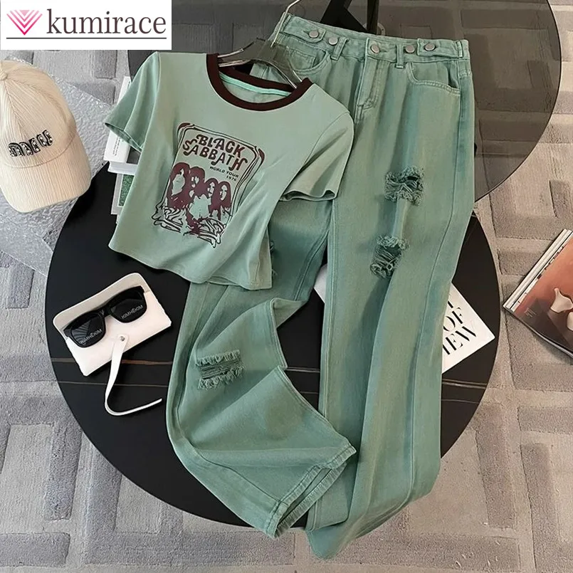 

Spring and Summer New Korean Short Sleeved T-shirt Fashionable Wide Leg Jeans Two-piece Set