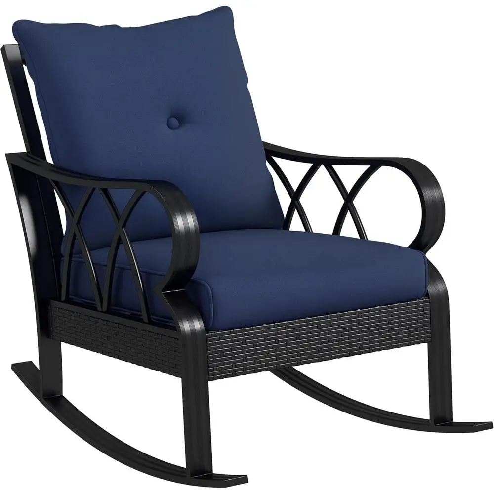 

Navy Blue Outdoor Wicker Rocking Chair with Cushions for Patio, Porch, and Backyard