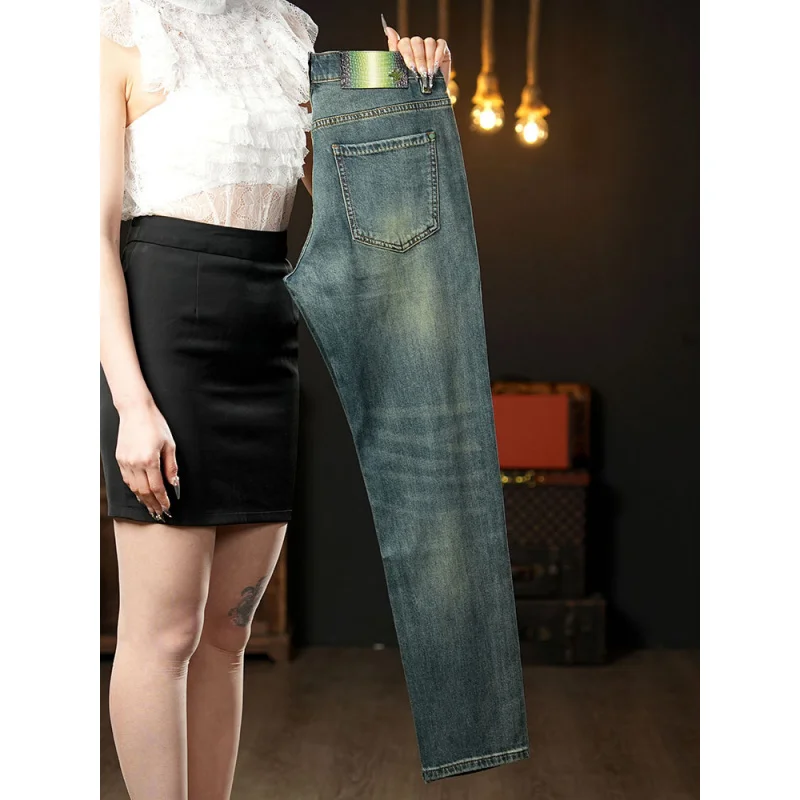 Pantalones vaqueros verdes retro de verano para hombre, pantalones largos de mezclilla versátiles informales, ligeros, de lujo, a la moda, elásticos, ajustados, pies pequeños