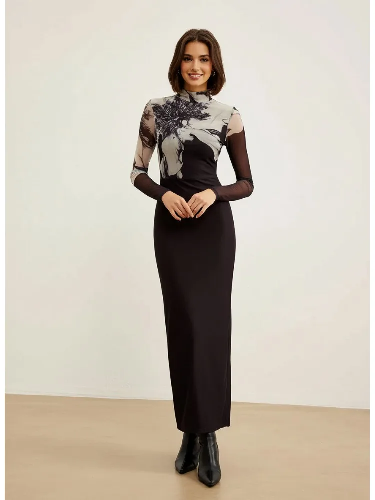 Sukienka maxi Freeacy damska, dopasowana, czarna, z golfem, przezroczystym panelem, nadrukiem artystycznym, długim rękawem, codzienna, nowa kolekcja wiosna 2026, obcisła sukienka.