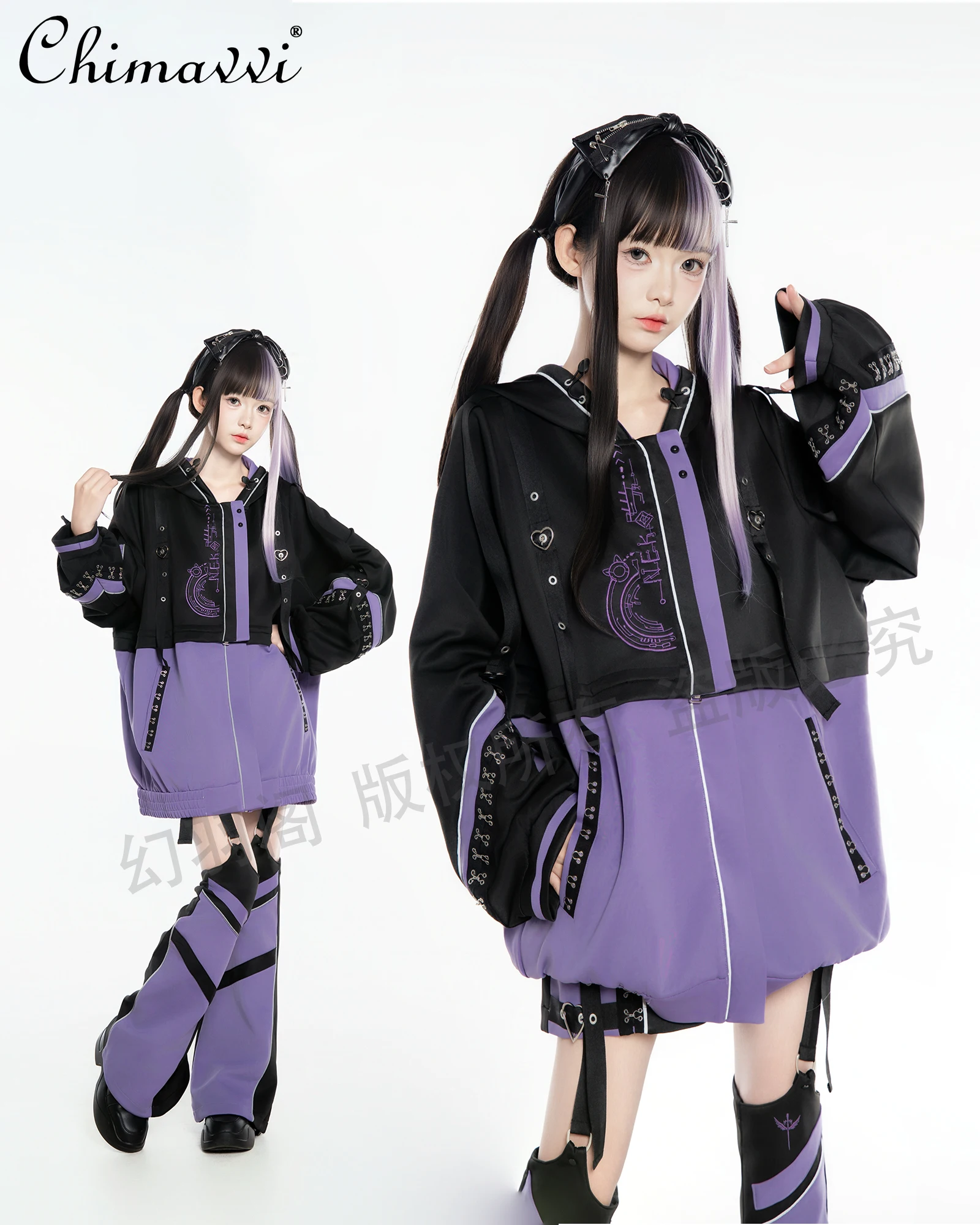 

Японская функциональная панк-техника, милая крутая толстовка с длинными рукавами для девочек, шорты и гетры, осенний женский комплект из трех предметов большого размера