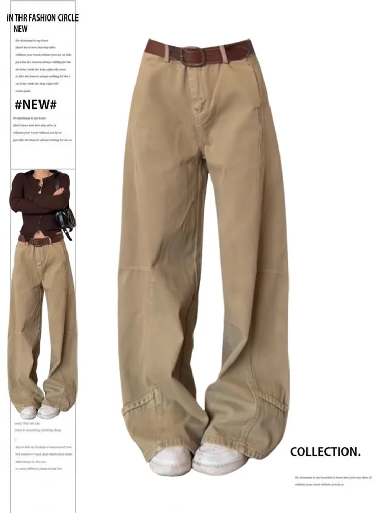 

American Retro Khaki Workwear Jeans Women's Spring Street Sle Casual Wide Leg Long Trousers Trendy High Waist Denim Jeans