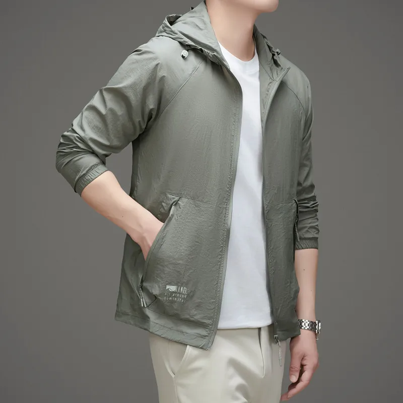 Ultra-Lightweight Men UV Protection Hooded Jacket Gray Caramel UPF 50+ Sun Defense & Breathable Coat Summer Essential Outerwear