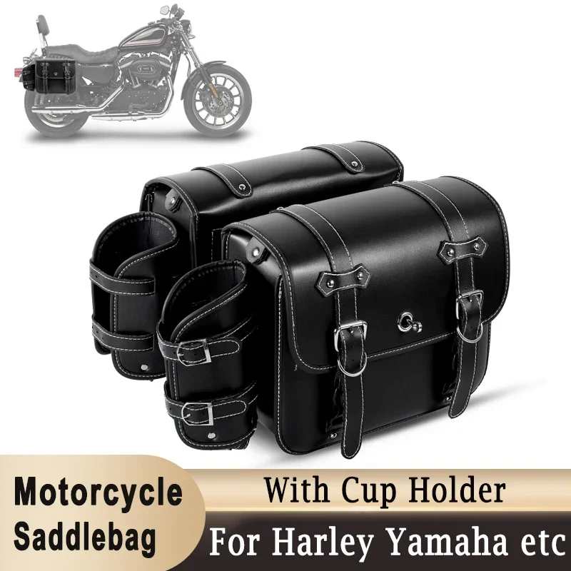 1 Pair Motorcycle Saddlebags with Cup Holder Panniers Rear Side Bags Luggage Storage PU Leather Large Capacity Waterproof