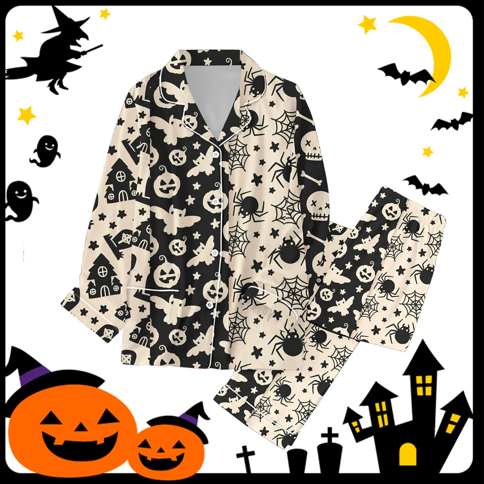 Women\'s Pajamas Set Chic Horror Halloween Ghost Print Long-Sleeved Trousers Pajamas Cartoon Home Clothes Two-Piece Set 2024