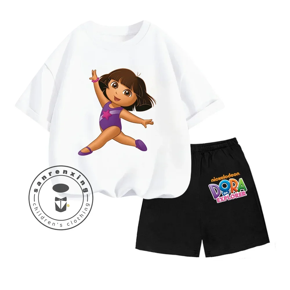 2024 Dora The Explorer Animated Cartoon Print Design O-neck Short Sleeve and Shorts Two-piece Suit for Children 3-14 Years Old