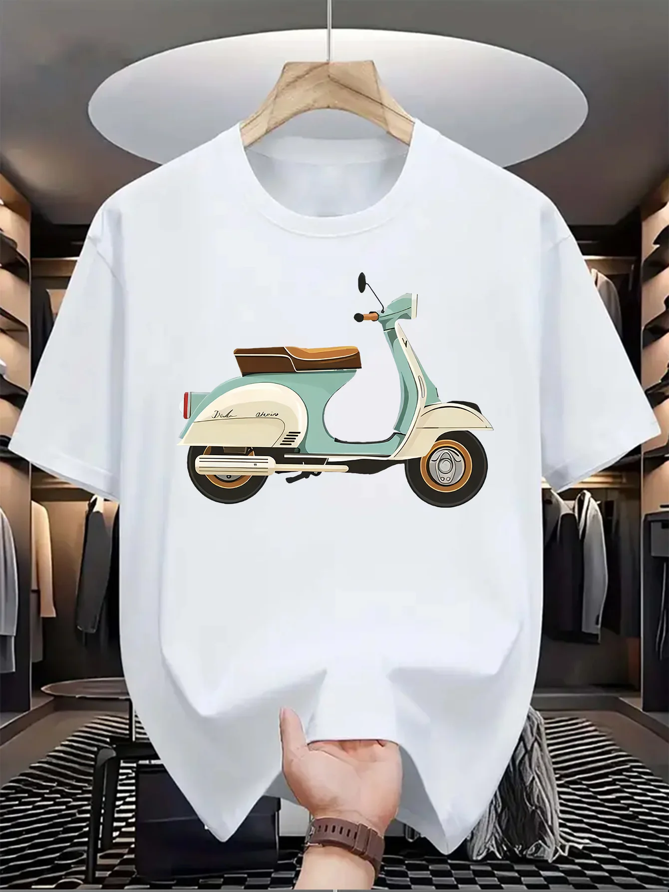 

Men'S Vintage Retro Print T-Shirt - Casual Crew Neck, Short Sleeve, Light Blue Scooter Design with Brown Satchel Bag