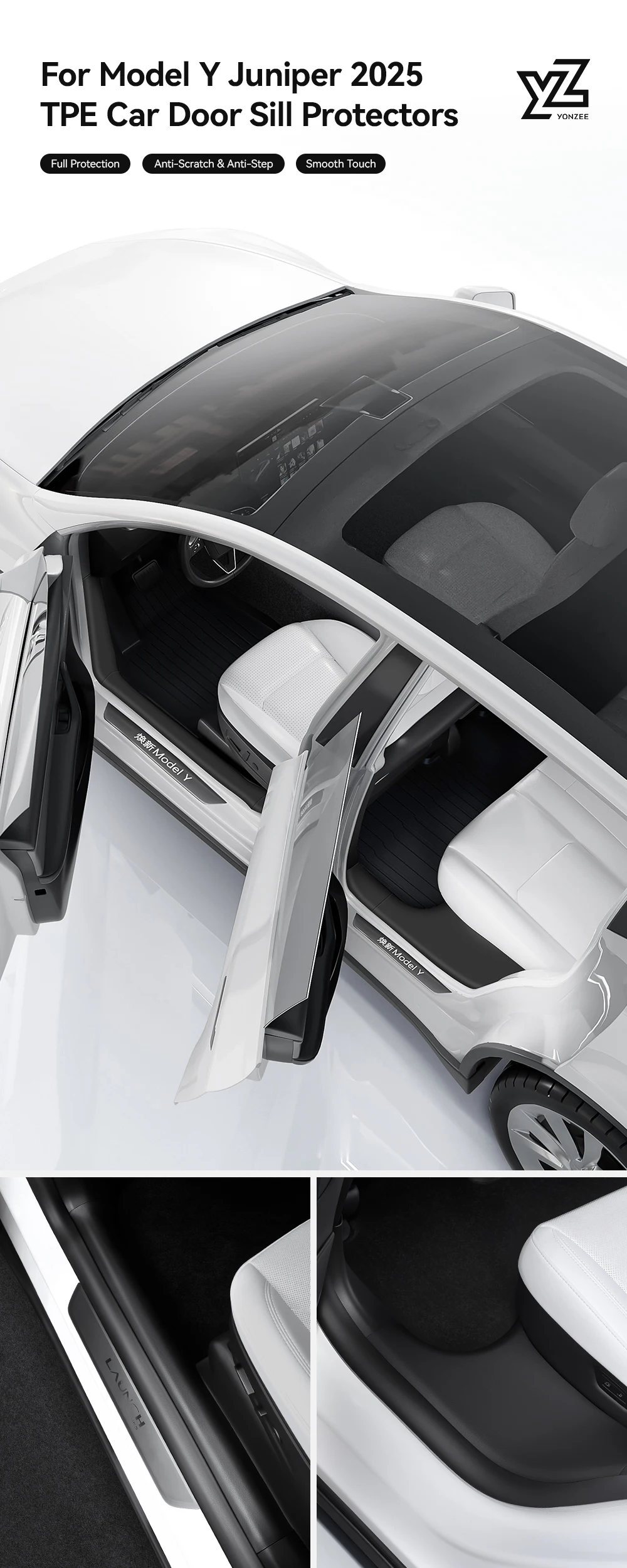 YZ für Tesla Model Y Highland Juniper 2021–2025, hintere Einstiegsleiste, Schutzleiste, Sitz, Anti-Kick-Pad, Eckenschutz, Zubehör – Detail 1