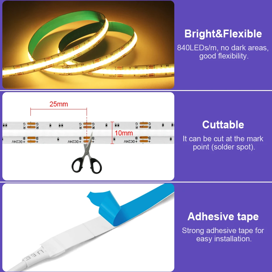 Tuya Wifi RGB LED Strip Light 24V Remote Control Dimmable Led Tape 840LEDs/m Adhesive COB Ribbon For Home Decoration Lighting