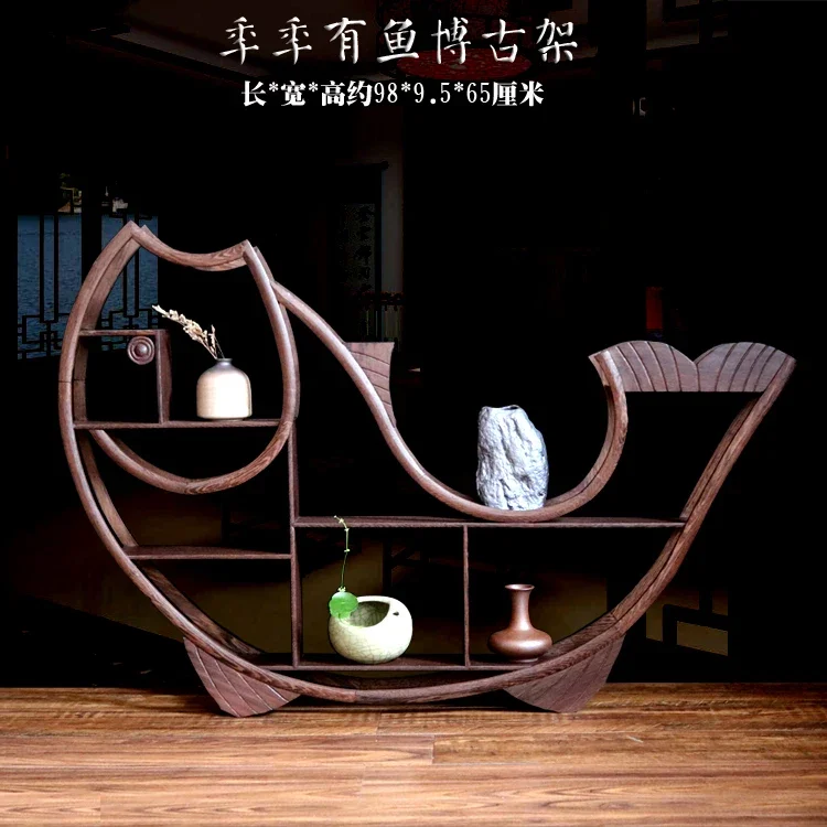 All solid wood chicken wing wood, fish every year, small bogu rack, strange stone jade, antique purple sand teapot display rack